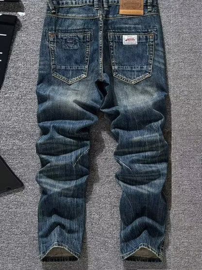 Spring Autumn Trendy Vintage Washed Jeans Men's Loose Straight Leg Fashionable Youth Casual Cotton Denim Anti-Bacterial