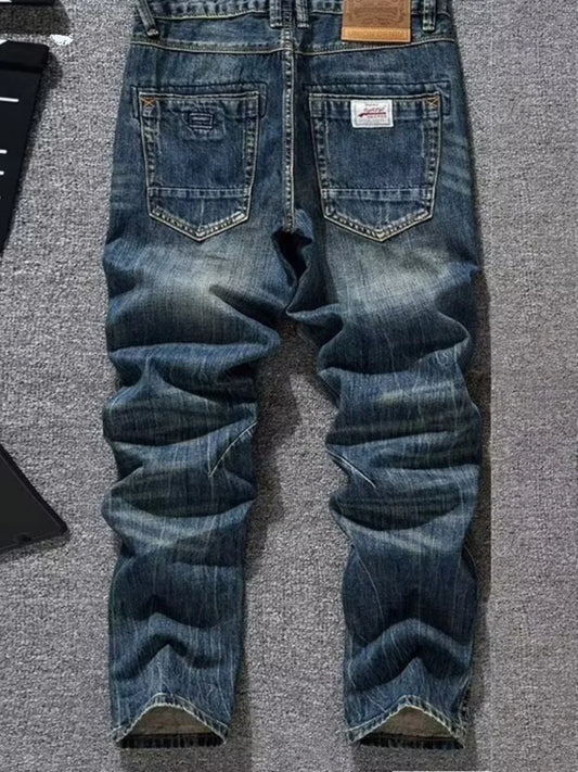 Spring Autumn Trendy Vintage Washed Jeans Men's Loose Straight Leg Fashionable Youth Casual Cotton Denim Anti-Bacterial