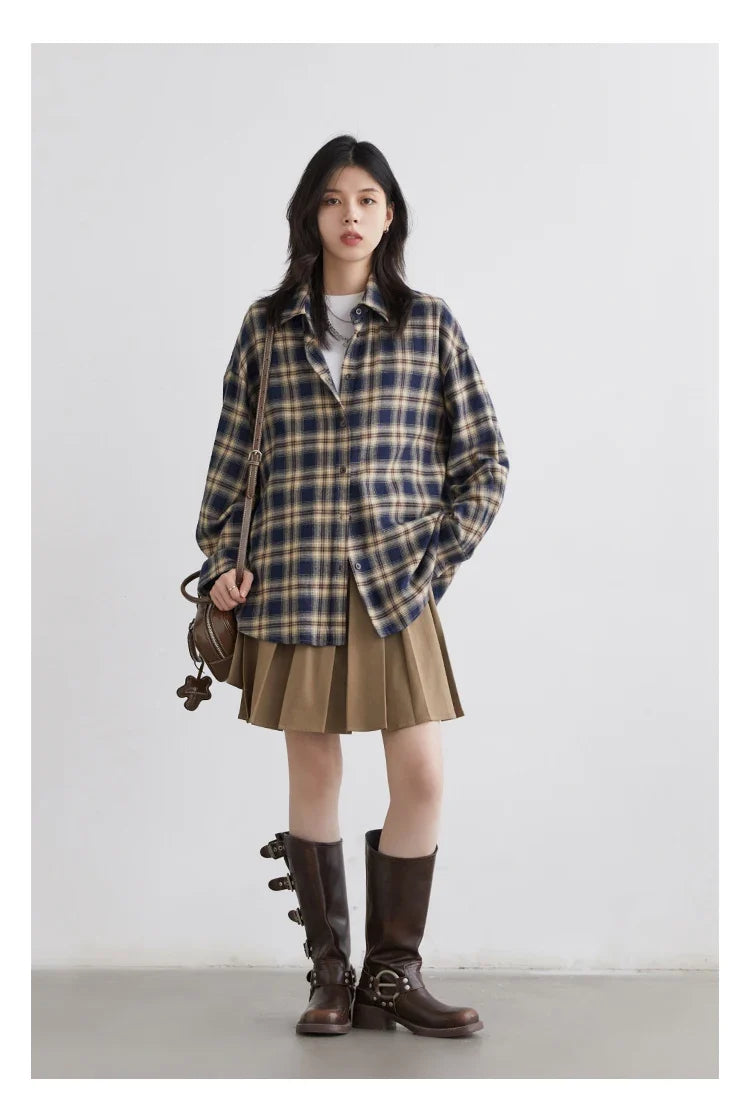 Women Shirts Loose Casual New Sanding Plaid Shirt Long Sleeve Medium Long Length Blouses Female Tops Spring Autumn 2025