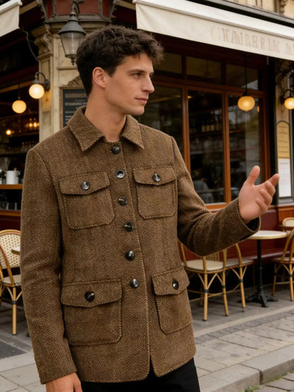 Men's Herringbone Wool Blend Blazer Jacket Notch Collar Utility Multi-Pocket Casual Overcoat For Spring Autumn