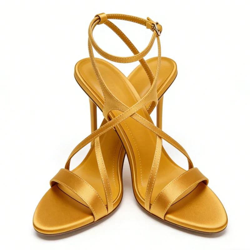 Luxury Satin High Heels Women Cross Strap Naked Strap Elegant Designer Sandals Women Pumps Sexy Banquet Dress Shoes Ladies