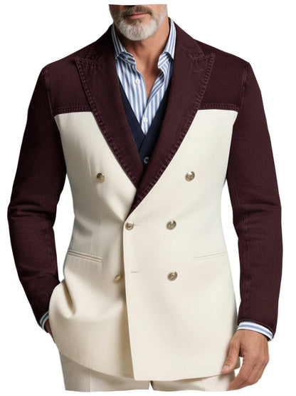 Men's Blazer Denim Sleeve Patchwork Double Breasted Suits Coats Casual Business Fashion Jacket for Spring Autumn Wedding Party