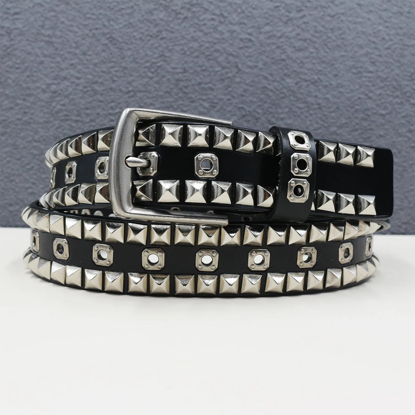 Rock Genuine Leather Luxury Punk Belt Jeans Heavy duty Hollow manual  Designer Brand Belt Men Rivet Three-pin buckle Belt Male