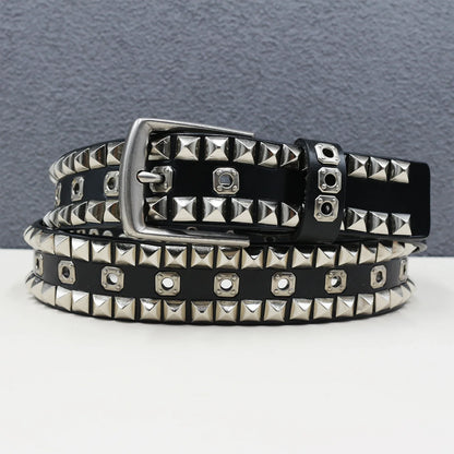 Rock Genuine Leather Luxury Punk Belt Jeans Heavy duty Hollow manual  Designer Brand Belt Men Rivet Three-pin buckle Belt Male