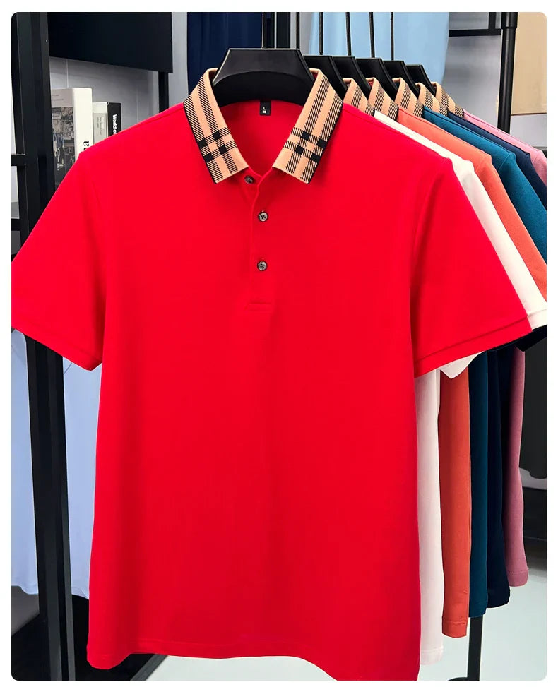 Fashion brand plaid lapel short sleeve polo shirt men summer new style simple solid color high-end business casual golf T-shirt