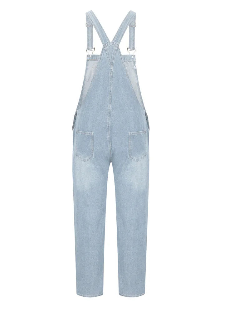 Overalls Jeans Men Ankle Length Jumpsuits Straight Pants Spliced One Piece Pockets Loose Vintage Wash Denim Casual Solid