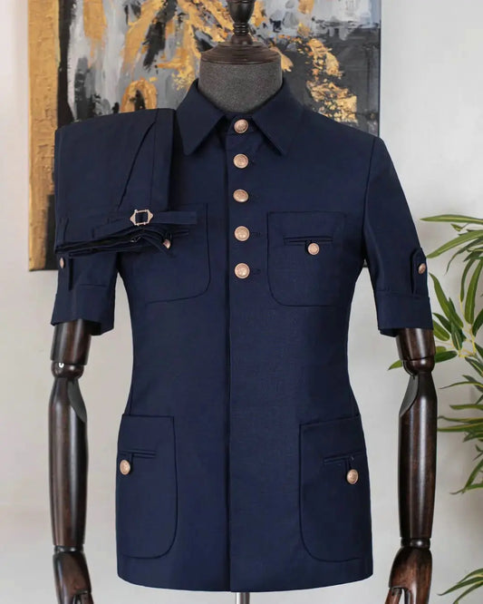 Fashion Single Breasted Men Suits 2 Pieces Navy Blue Short Sleeves Summer Business Casual Outfits Fomal Wedding Party Tuxedos