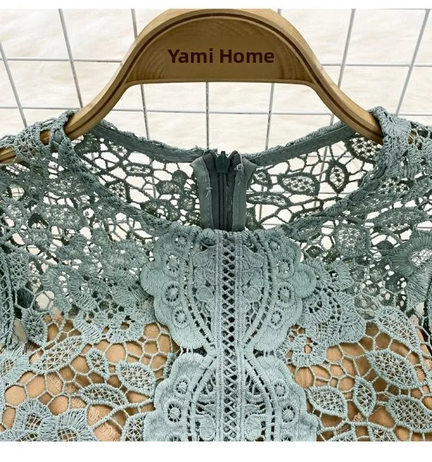 Retro Court Sle round Ne Fly Sve Slimming Soluble Hook Flower Hollow A-Line Dr Summer New Arrival Women's Faion