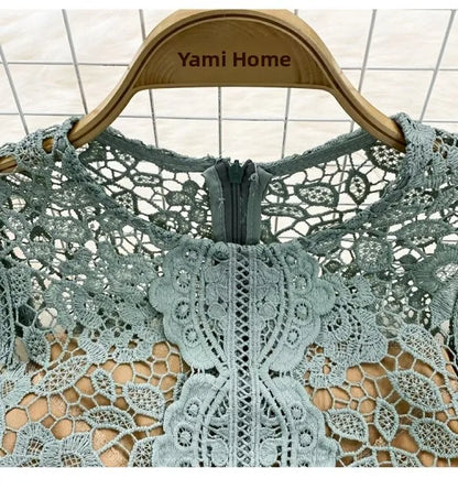 Retro Court Sle round Ne Fly Sve Slimming Soluble Hook Flower Hollow A-Line Dr Summer New Arrival Women's Faion