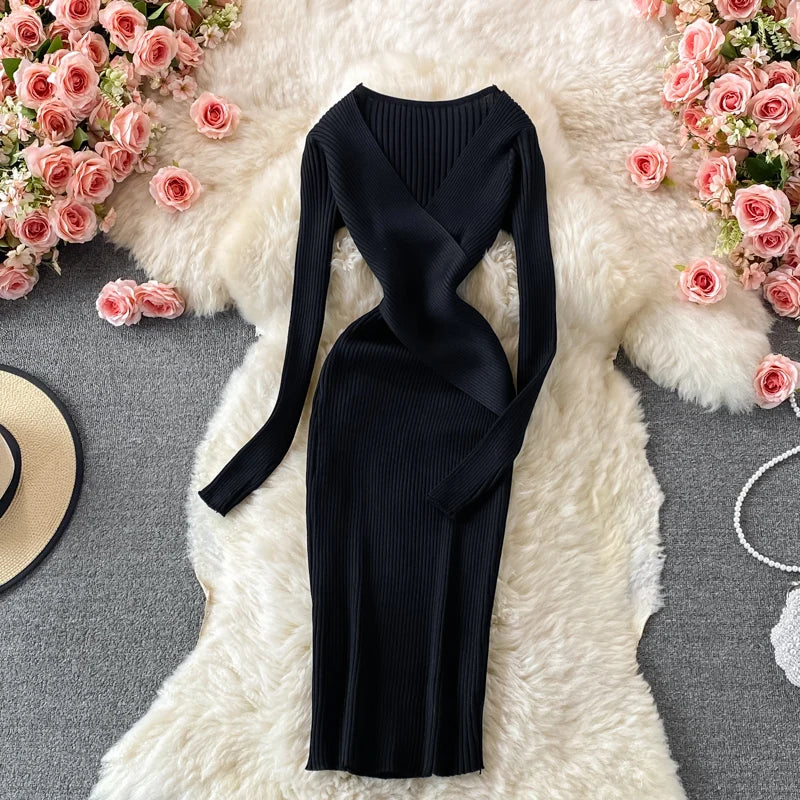 Autumn Winter 2025 Women Dress Elegant Cross V-neck Slim Waist Knitted Bodycon Dress Korean Office Lady Vestidos