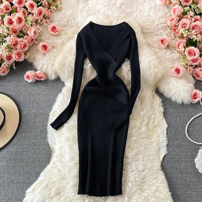 Autumn Winter 2025 Women Dress Elegant Cross V-neck Slim Waist Knitted Bodycon Dress Korean Office Lady Vestidos