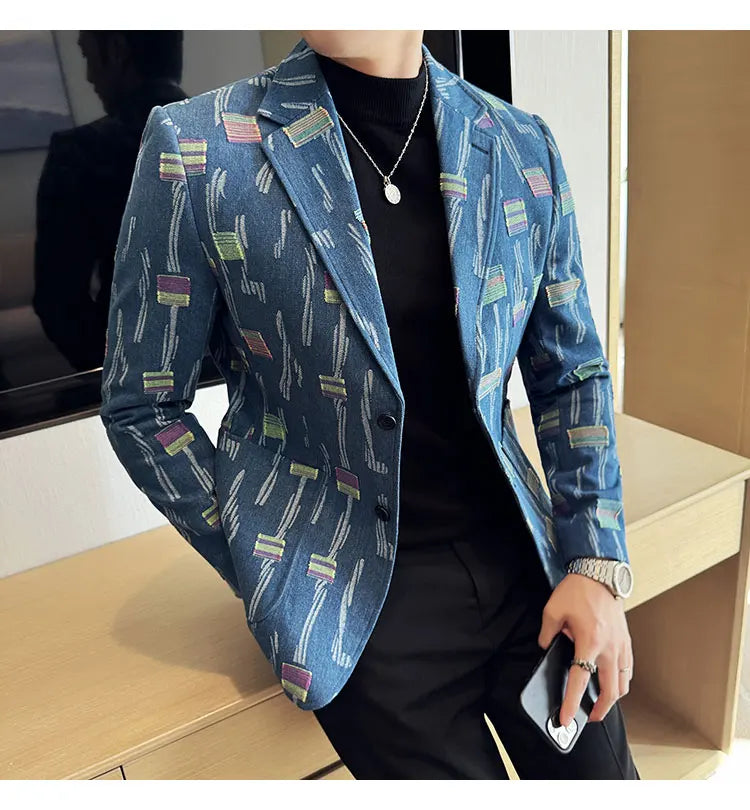 2025 New Luxury Denim Jacquard Suit Coats Men Fashion Slim Fit Suit Casual Business Party Coat Uniform Wedding Social Tailcoat