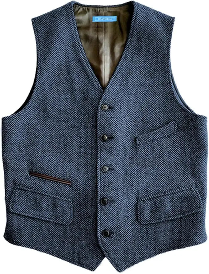 Men's Houndstooth Wool Vest British Style Business Waistcoat Casual Sleeveless Jacket Ready‑to‑Ship Business Outfit  for Men