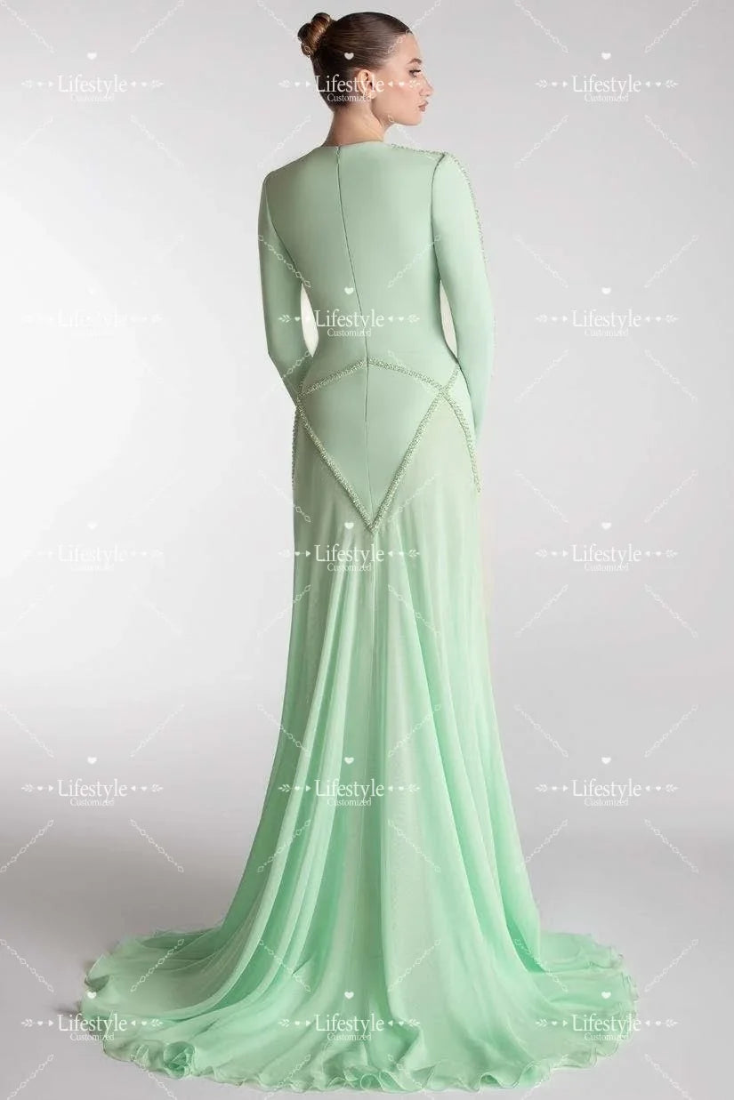 Customized Mint Round Neck Prom Dresses 2025 Long Sleeves Beads Luxury Evening Dress Long Wedding Formal Party Gown