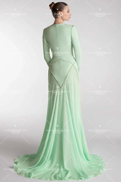 Customized Mint Round Neck Prom Dresses 2025 Long Sleeves Beads Luxury Evening Dress Long Wedding Formal Party Gown
