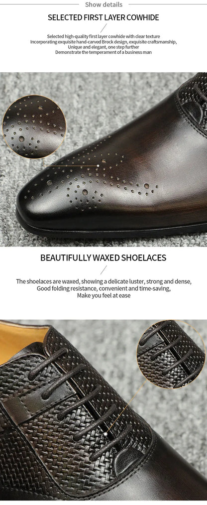 Luxury Mens Business Genuine Leather Shoes Fashion Wedding Oxfords Lace-up Pointed Toe Black Green Coffee Brogues Dress Shoes