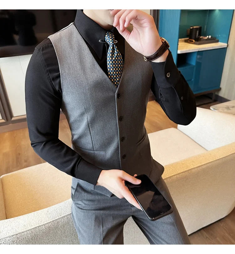 ( Vest + Pants) Men Luxury High Quality Business Suit Vest 2 pieces Formal Groom Wedding Dress Vest Set Fashion Club Clothing