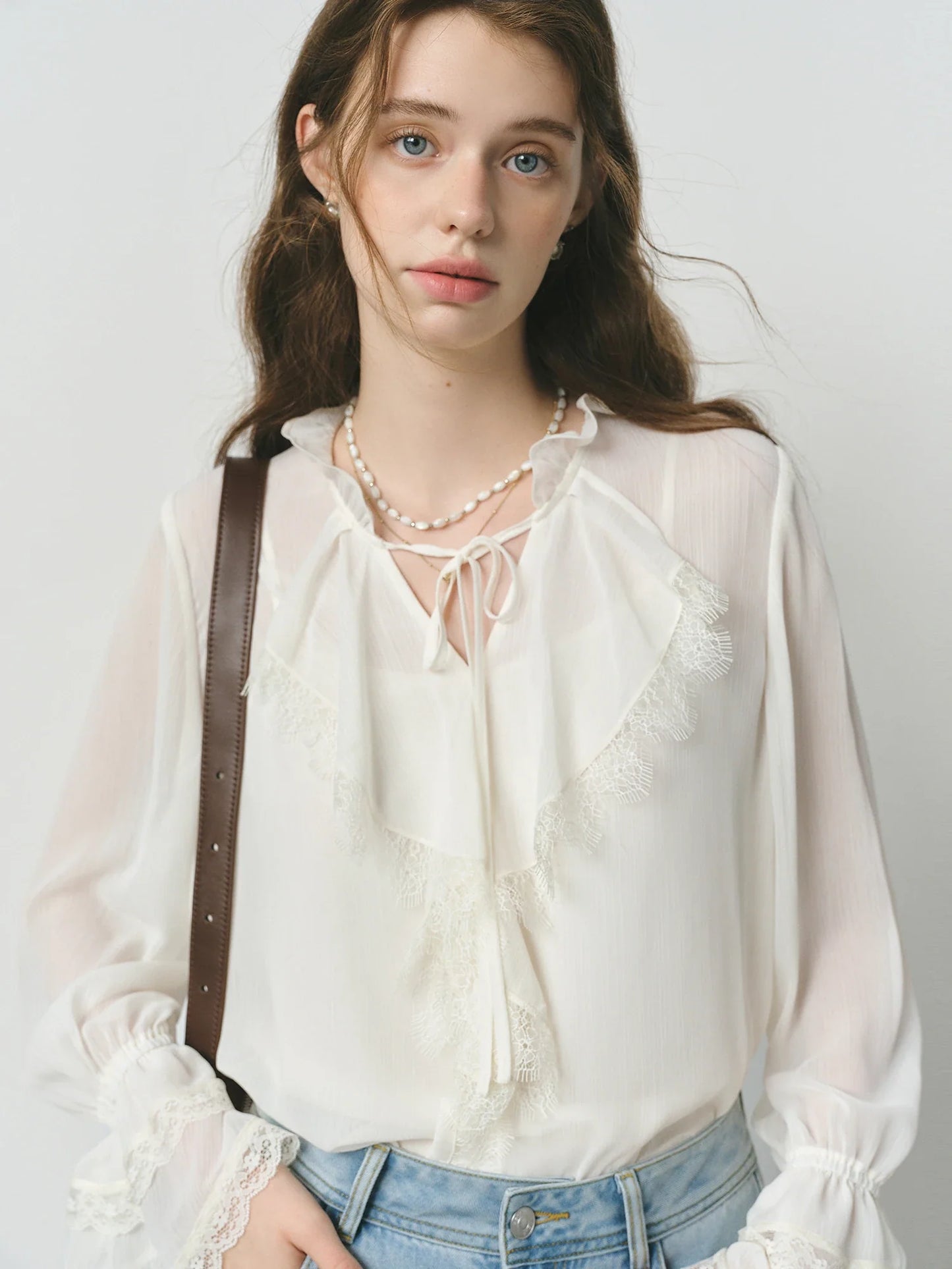 Autumn 2025 French-Inspired Blouse - Flounce Trim Long Sleeve Lace-Detailed Elegant Office Ready Romantic Top Women