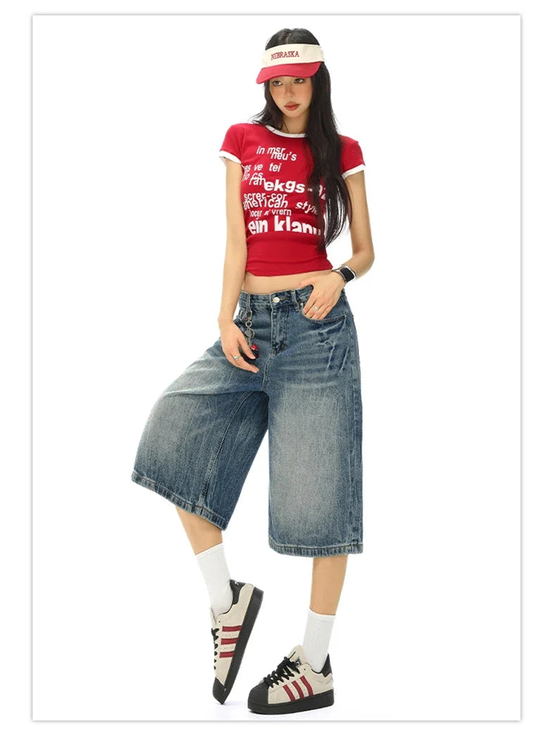 Vintage Washed Loose Straight Leg Denim Capri Men Women Lightning Print Streetwear Shorts