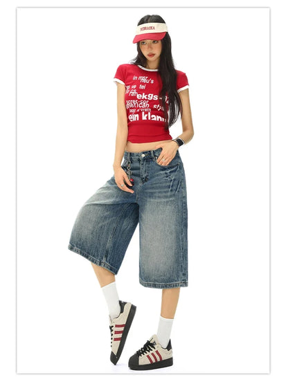 Vintage Washed Loose Straight Leg Denim Capri Men Women Lightning Print Streetwear Shorts