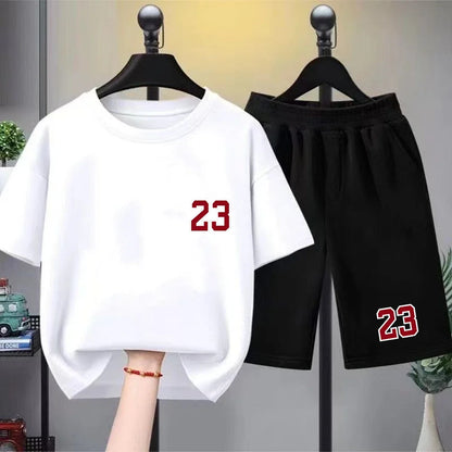 Kids T-shirt Basketball No. 23 Summer Round-Necked Print Boy Girls 3-12Years Top+Shorts Two-piece Set Simple Casual Handsome Set