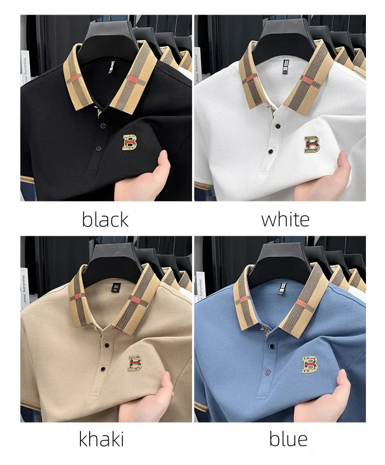 Summer men's light luxury brand letter printed short sleeved T-shirt Polo shirt breathable striped collar business casual top