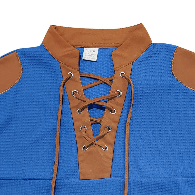 Cross-border new men's waffle color matching strap V-neck top casual long-sleeved bottoming T-shirt