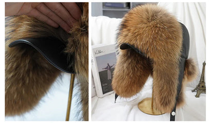 Winter Cap Man 100% Real Sliver Fox Fur Bomber Hat Men's Raccoon Fur Hat Ushanka Cap Trapper Russian Ski Caps Hats Real Fur Hat