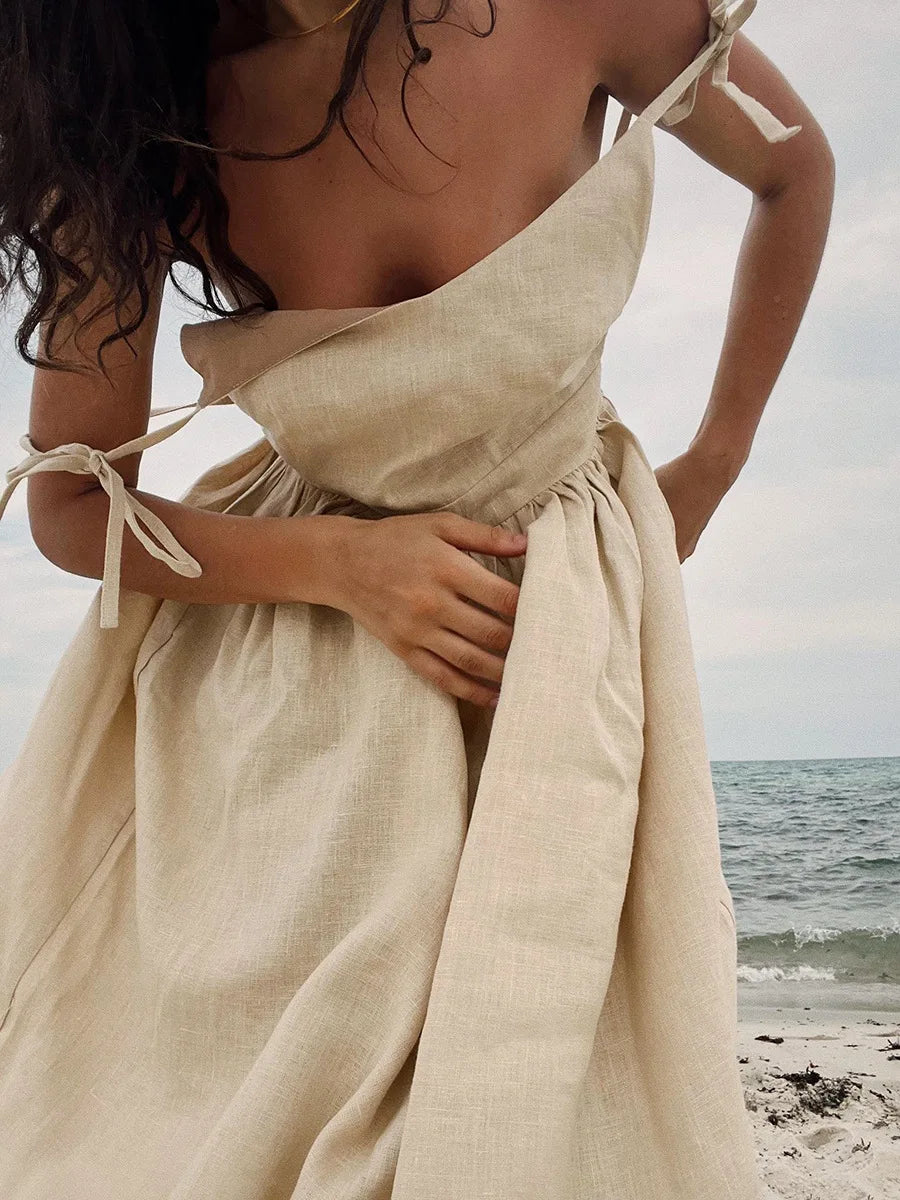 Spring Summer Beach Style Women Dress Vintage Loose A-line Sling Dress Sexy Hot Girl 100% Cotton V-neck Dress