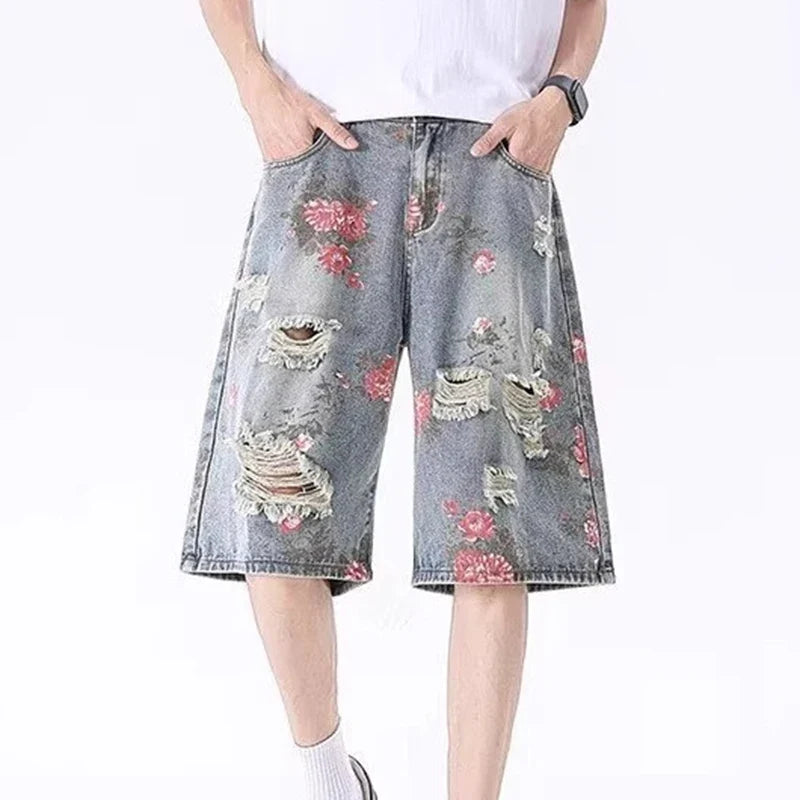 2025 Mens Rose Print Distressed Denim Shorts Summer Baggy Ripped Jeans Five Inch Cargo Shorts Y2K Streetwear Vintage Hip Hop