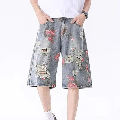 2025 Mens Rose Print Distressed Denim Shorts Summer Baggy Ripped Jeans Five Inch Cargo Shorts Y2K Streetwear Vintage Hip Hop