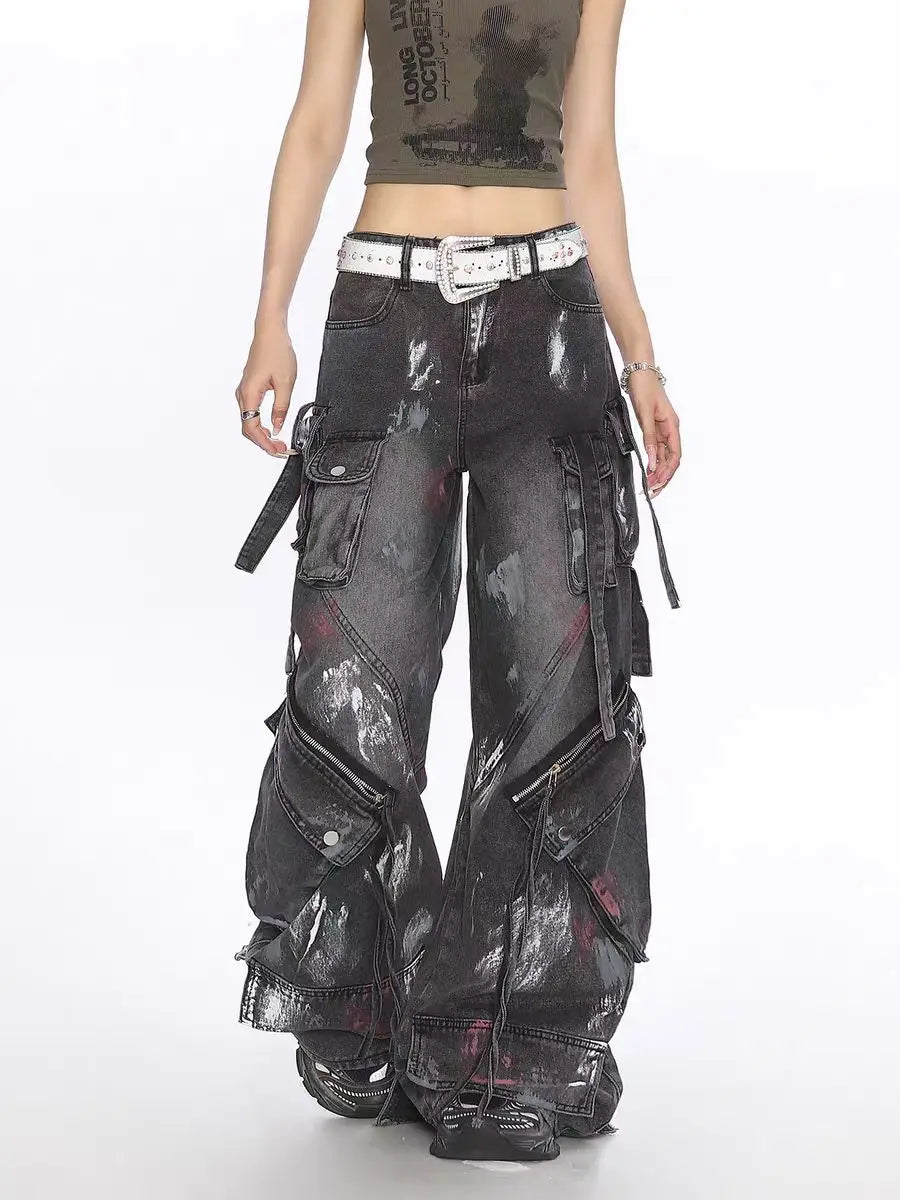 Y2K Harajuku Gothic Multi-Pocket Washed Black Jeans Men And Women American 2000s Heavy Industry Oversize Hip Hop Wide Leg Pants