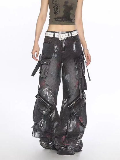 Y2K Harajuku Gothic Multi-Pocket Washed Black Jeans Men And Women American 2000s Heavy Industry Oversize Hip Hop Wide Leg Pants