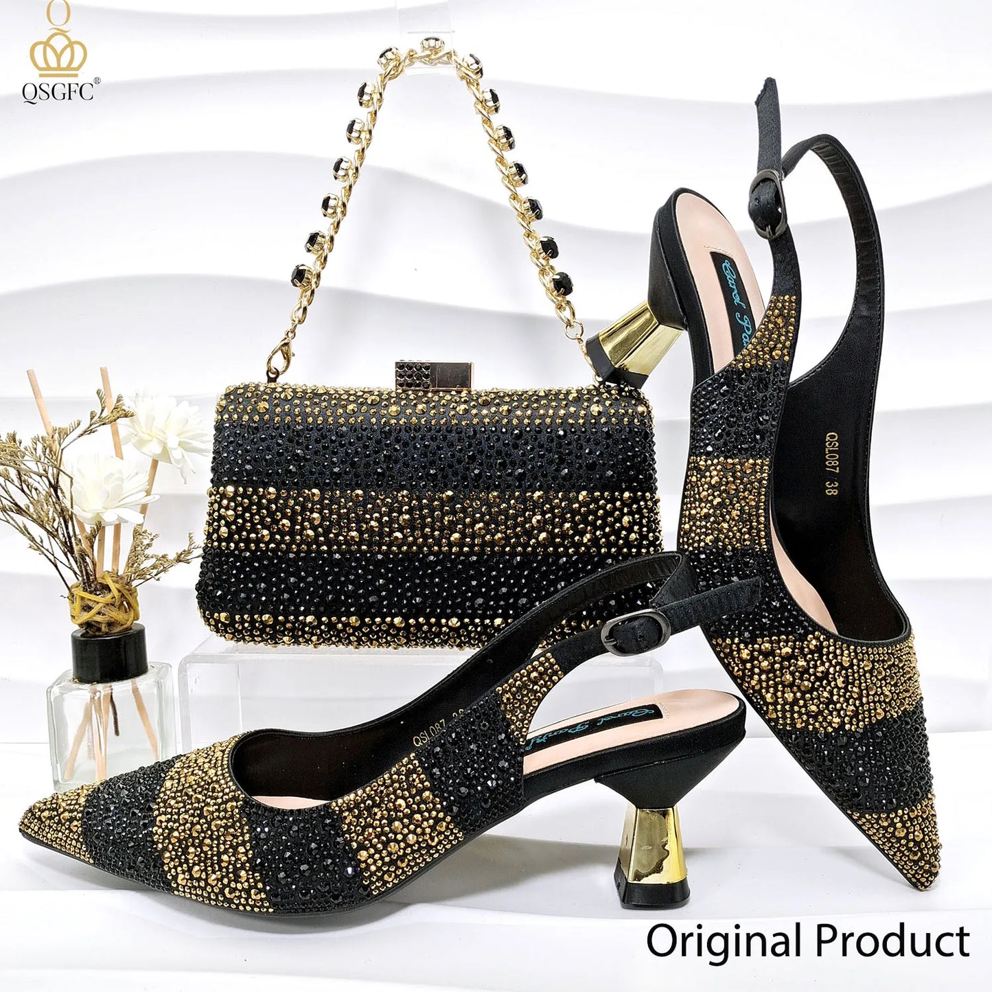 Ladies High Quality Women's Pumps Black Gold Shoes and Bag Set DURABLE OUTSOLE Italian Fashion Design For Nigeria Wedding