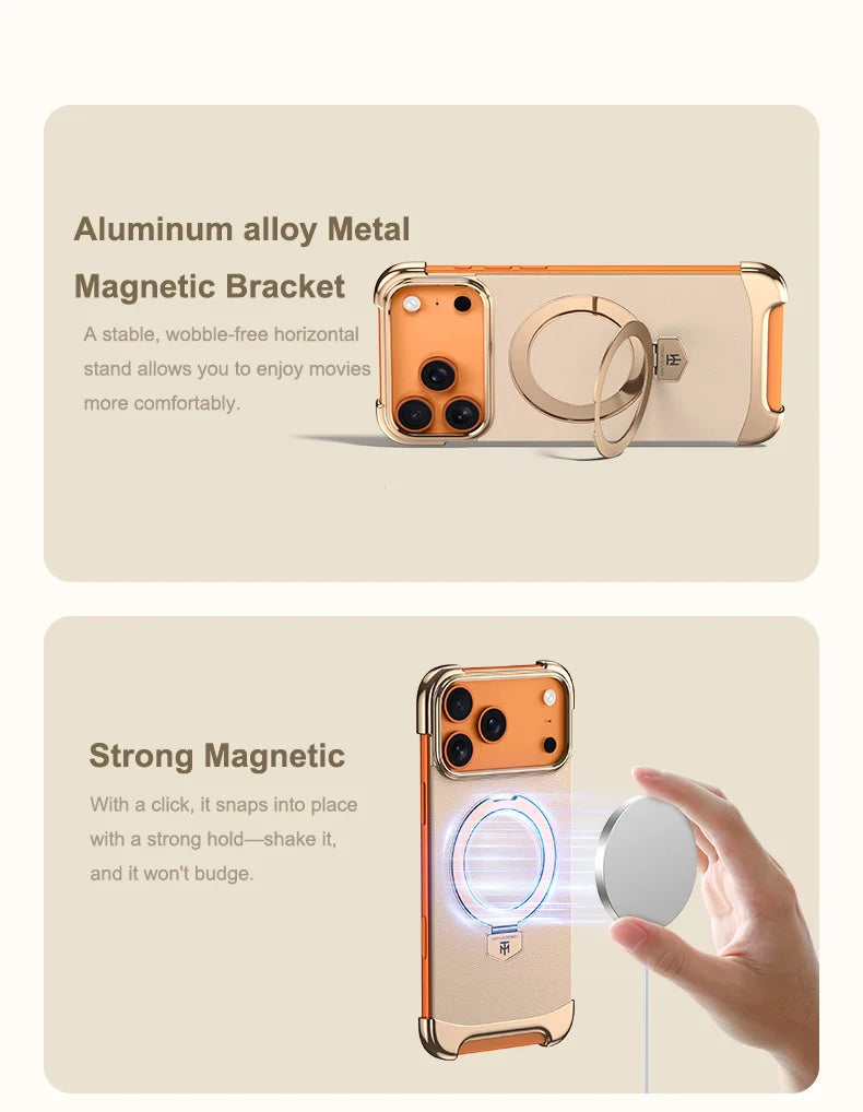 جراب مغناطيسي فائق النحافة بدون إطار من الجلد الفاخر لهاتف آيفون 17 16 15 14 13 برو ماكس 17 إير 17 برو، مع دعامة معدنية ممتصة للصدمات ومضادة للسقوط