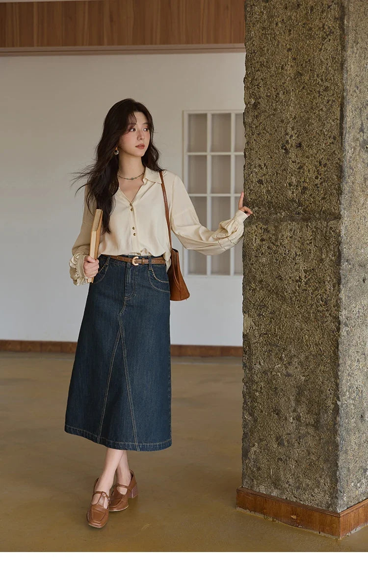 Women's Shirt Lantern Sleeve Hollow Out Tops 2025 Autumn Single Breasted Solid Shirts Lapel Shirt Office Lady MXE41C2359