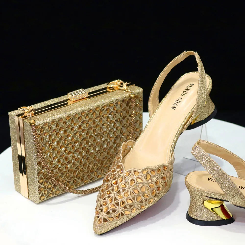 Low Heel Shoes for Women Hollowed Out Embroidery Rhinestone Italian Design Gold Color Pointed-Toe Shoes and Bags Set