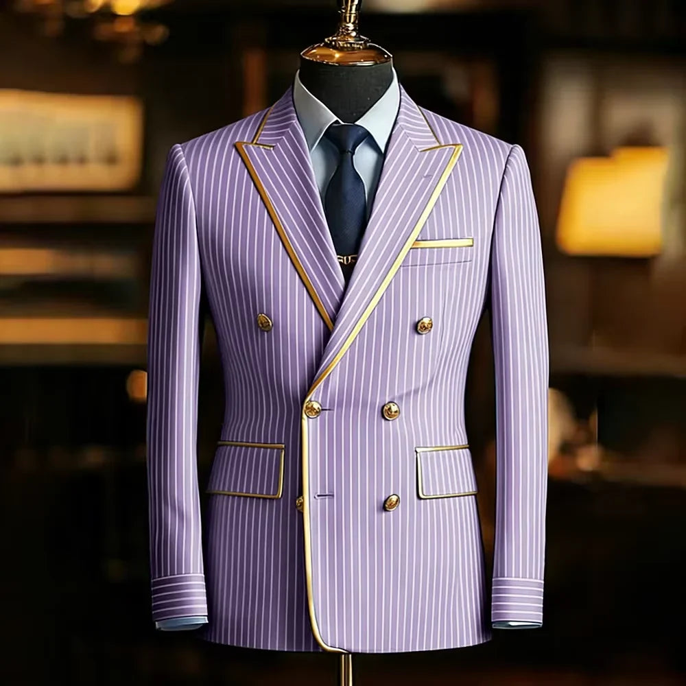 Men's Pinstripe Blazer Double Breasted Slim Fit Peaked Lapel With Gold Trim Formal Suit Jacket  For Groomsman Wedding Prom Hot
