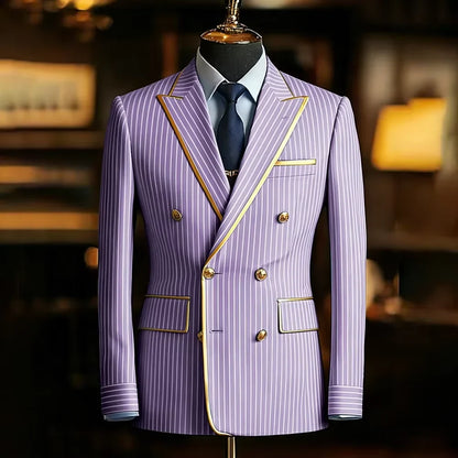 Men's Pinstripe Blazer Double Breasted Slim Fit Peaked Lapel With Gold Trim Formal Suit Jacket  For Groomsman Wedding Prom Hot