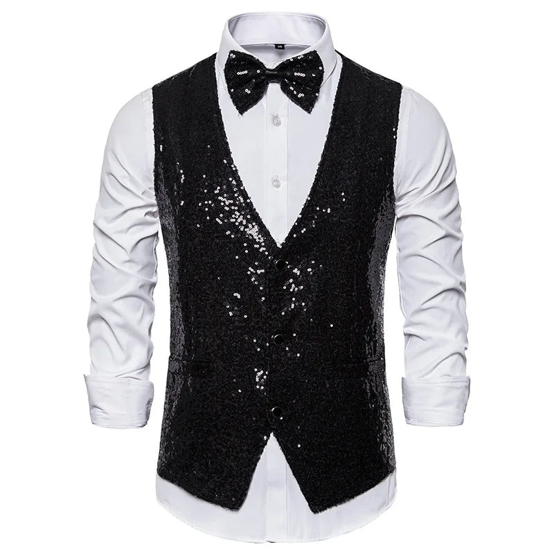 2026 Men's Shiny Gold Sequin Glitter Embellished Blazer Waistcoat Night Club Blazer Wedding Party Waistcoat Stage Singers Vest