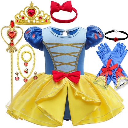 2026 Disney Infant Snow White Dress With Headband Infant Baby Princess Girl Cute Design Clothes Baby Dress Party Costumes Set