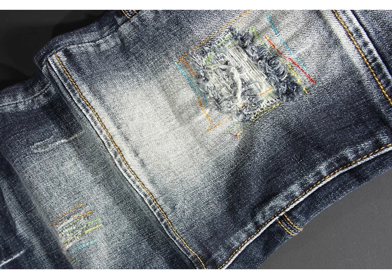Streetwear Fashion Men Jeans Retro Black Blue Elastic Slim Fit Ripped Jeans Men Spliced Designer Embroidery Hip Hop Denim Pants