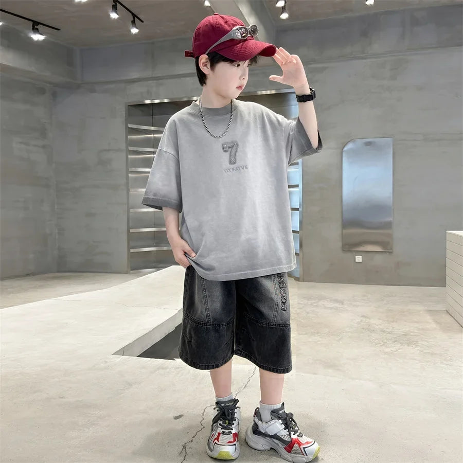 Luxurious Teen Boys Set For Child Elegant T-shirts + Denim Shorts 2PCS Clothes Set Summer Kids Luxury Clothing Set Age 6 To 16 Y