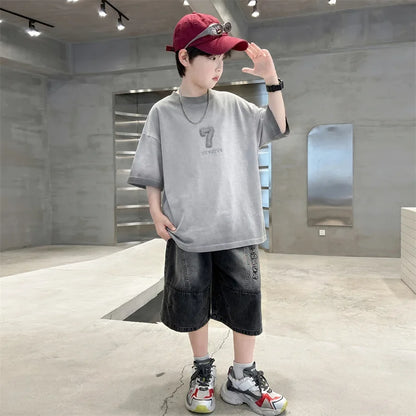 Luxurious Teen Boys Set For Child Elegant T-shirts + Denim Shorts 2PCS Clothes Set Summer Kids Luxury Clothing Set Age 6 To 16 Y