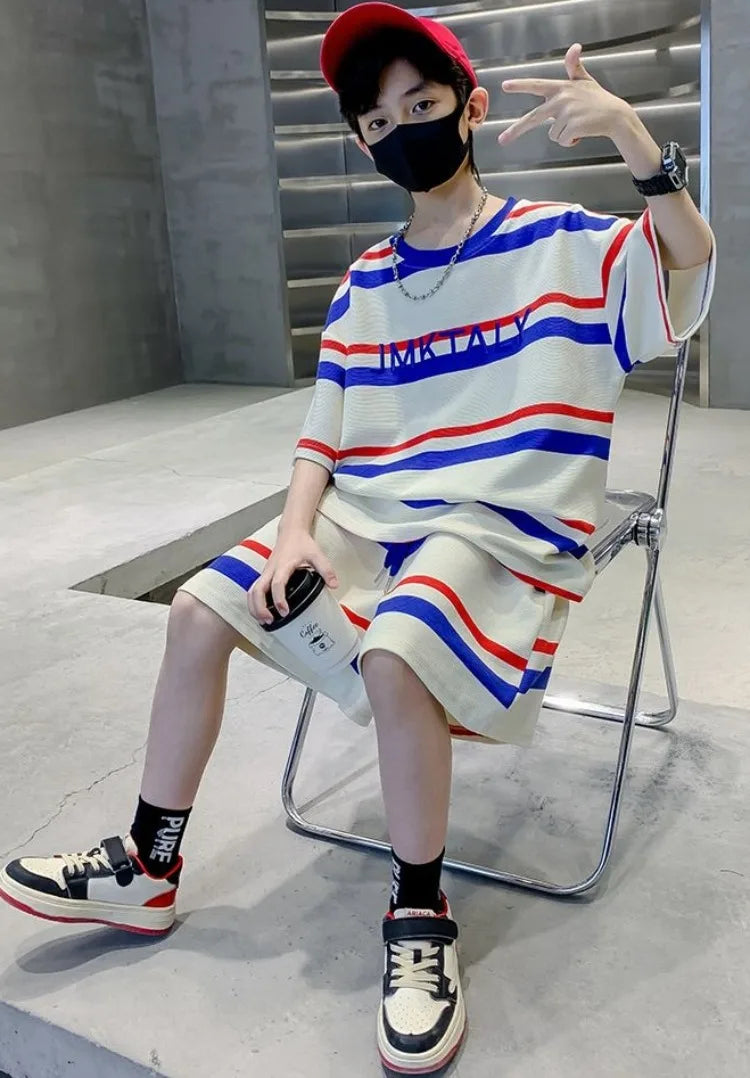 Striped Short-sleeved Sportswear Summer Suit for Boy Set Children From 4 Years Old Tees Kids Clothes Boys Children's Costumes 11