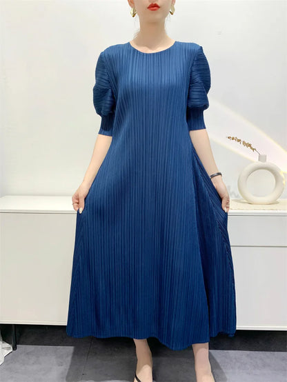 Miyake Pleated Dress 2024 Summer New Round Neck Loose and Comfortable A-line Short Sleeve Maix Dress