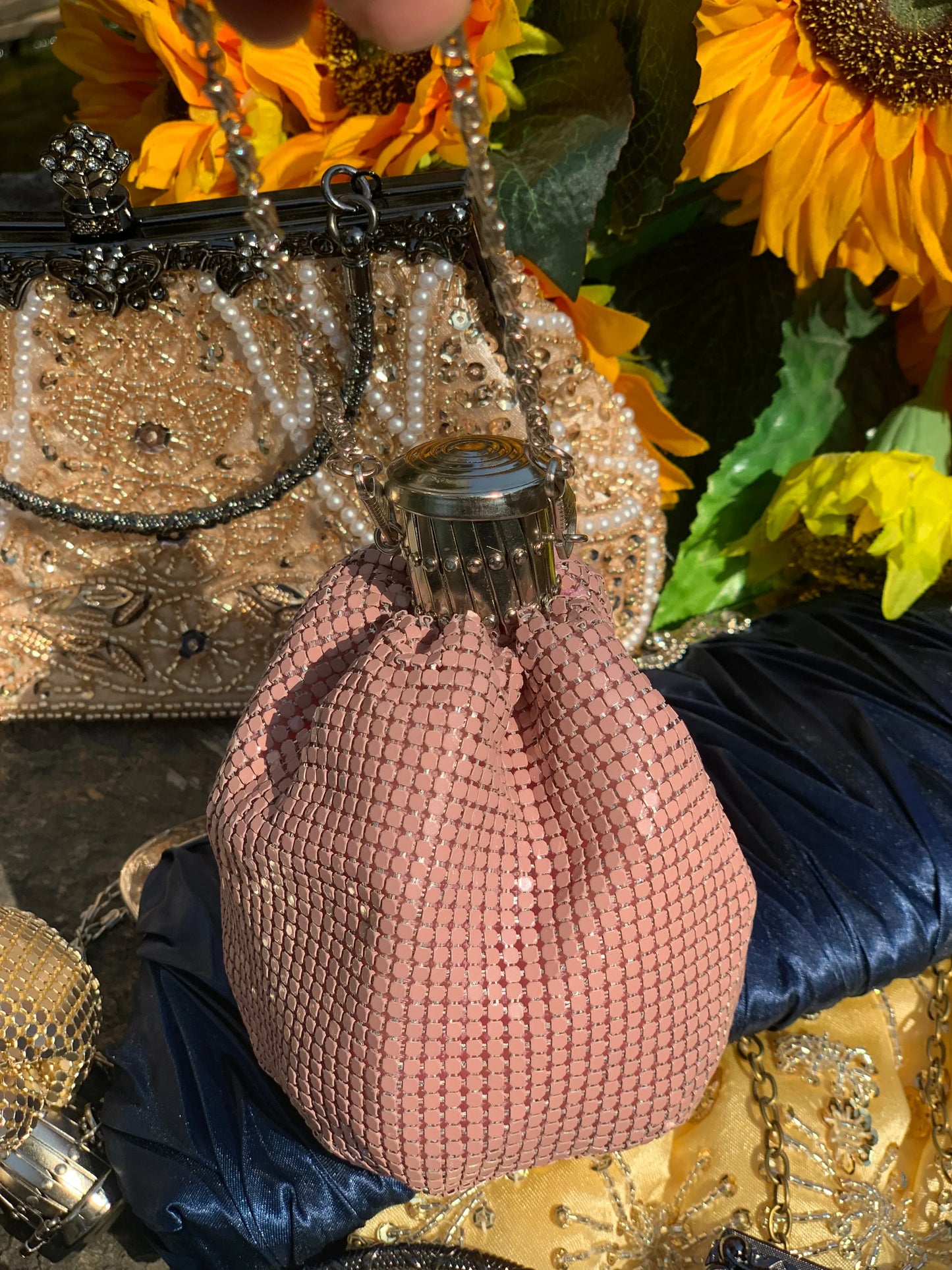 Lost in Vintage Glitter Sparking Evening Bag Handbag with Aluminum Pieces Crossbody Clutches Shoulder Metallic Chains