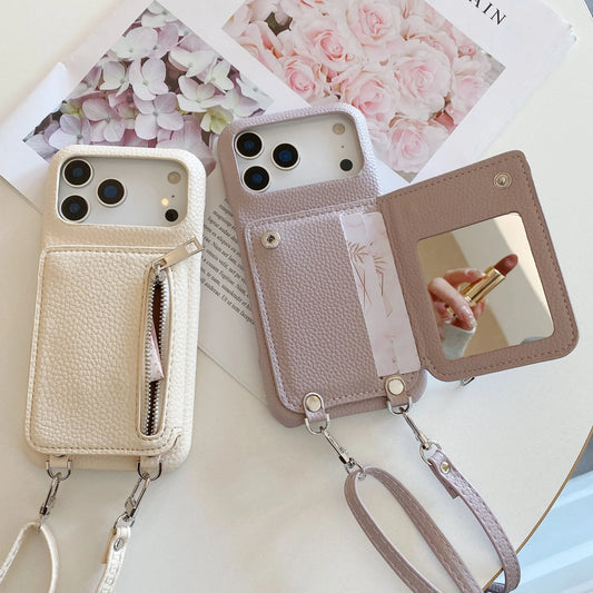 Crossbody Lanyard Phone Case with Zipper Mirror Wallet Card Holder Slot for iPhone 17/16/15/14/11 pro Max 13/12/11 plus