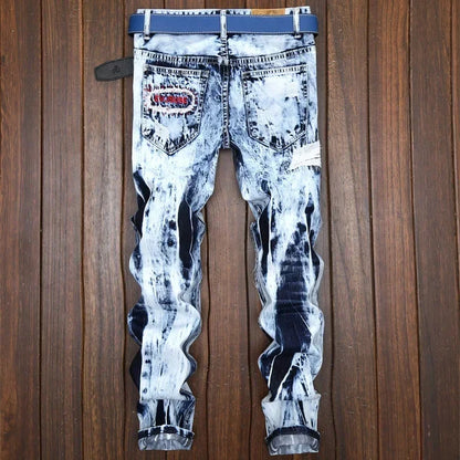 Men's Embroidered Patchwork Ripped Jeans (without Belt) Slim Fashion High Street Motorcycle Denim Pants Male Designer Clothes