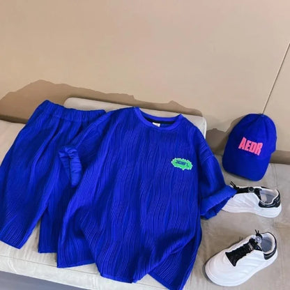 Klein Blue Wave Pattern Children's Clothes Boys T-shirt Boy Summer Set Suit Kids Toddler Clothing Sets From 4 Cotton Child Boy's